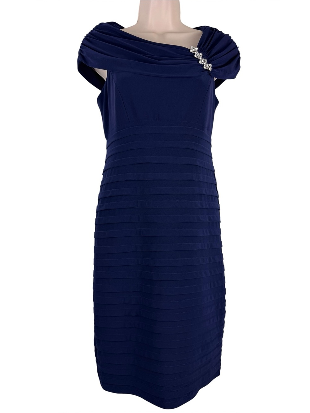 Scarlett Navy One Shoulder Pleated Sheath Dress Rhinestone Size 4